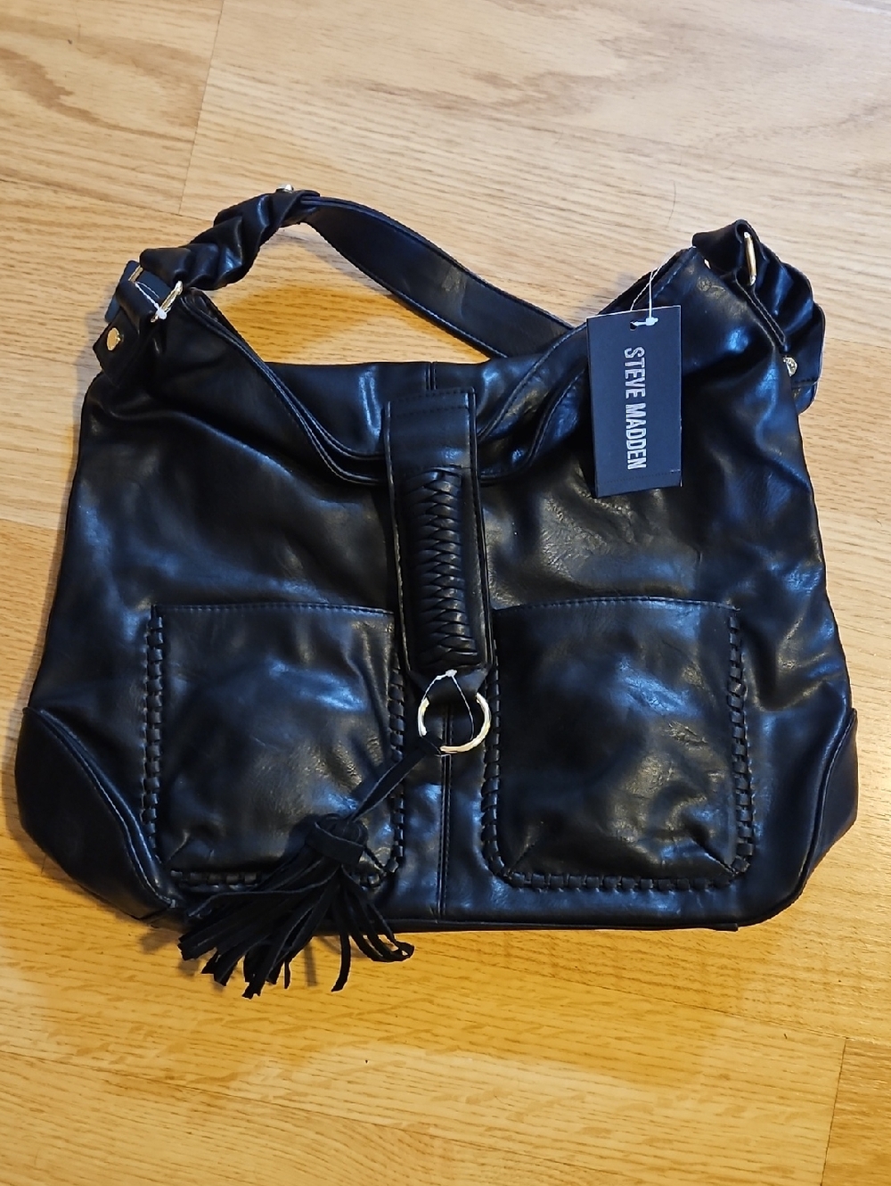 Steve Madden Black Shoulder Bag with Braided Strap and Tassel